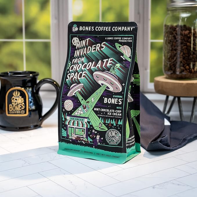 Bones Coffee Company Mint Invaders, Mint Chocolate Chip Flavored Coffee, Medium Roast Low Acid Arabica Beans Compatible with Auto drip and French Press Coffee Maker, 12 Oz Ground