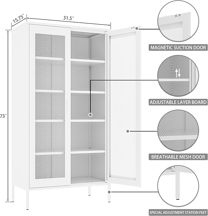 Metal Storage Cabinet,72H Display Cabinets with 2 Mesh Door,Pantry Organizers and Storage,Display Shelves for Collectibles,Storage Cabinet for Home, Office, Bookcase(White)