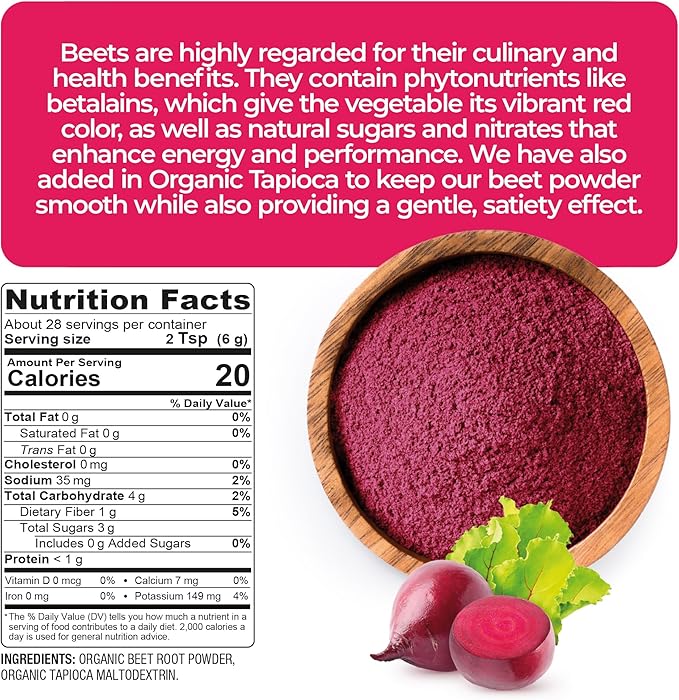 Super Organics Beet Root Powder – Organic Superfood Dietary Supplement, Vegan, USDA Certified Organic, Non-GMO, Gluten-Free, Pure Beta Vulgaris Beetroot, 6 oz