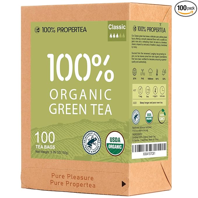 100% Propertea Organic Green Tea Bags, 100 Count, Individually Wrapped, Classic Taste, Caffeinated, Rich in Antioxidants