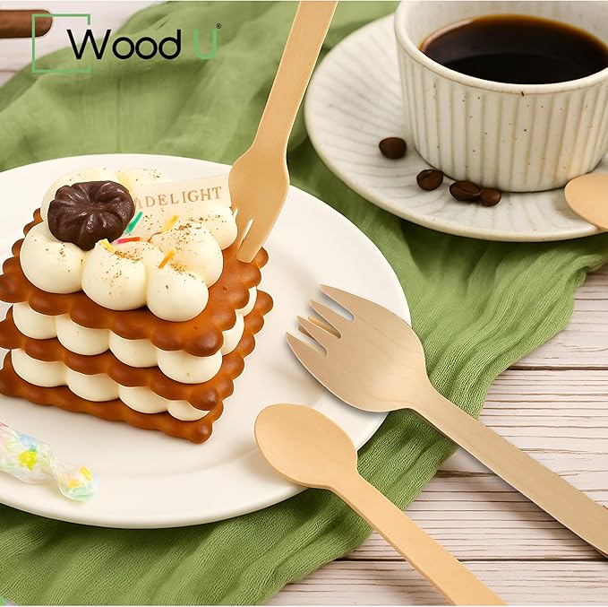 Mini wooden spork disposable Perfect for Dessert, Appetizers, Cocktails, Eco-Friendly spork wood for sample & tasting, Biodegradable & compostable | 100% All-Natural - Pack of 100-4” by WoodU