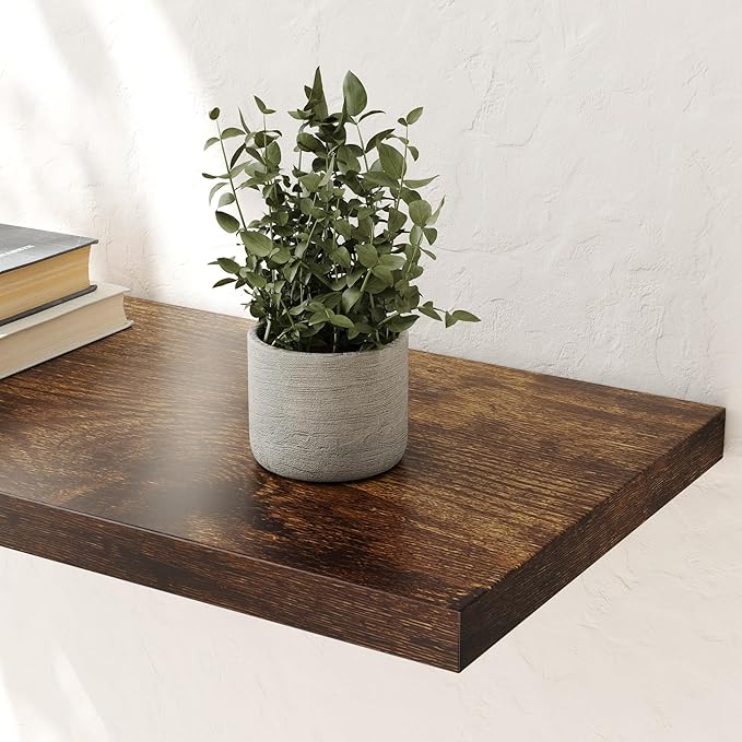 Wall Shelf Set of 1, Rustic Brown Floating Shelves 30 in W x 10 in D x 1 in H, Wooden Floating Wall Shelf with Invisible Brackets for Living Room/Bedroom/Bathroom/Kitchen Storage and Decor
