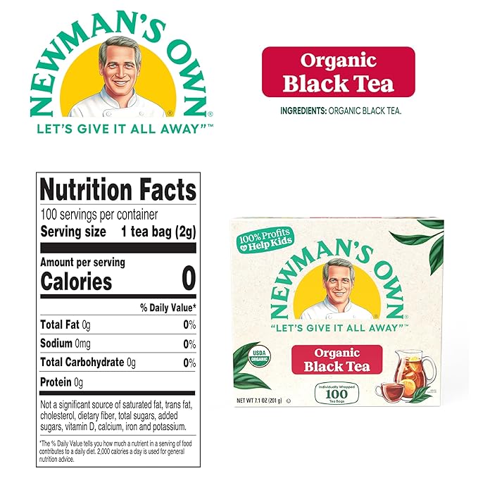 Newman's Own Organic Black Tea Strong Robust Black Tea with 100 Tea Bags Per Box (Pack of 2) USDA Certified Contains Caffeine Brew Hot/Cold