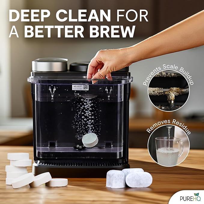 PUREHQ Coffee Machine Descaler Tablets – 24 Count Cleaning Tabs with 6 Keurig Water Filter Cartridges – Compatible with Keurig and Breville Coffee Makers