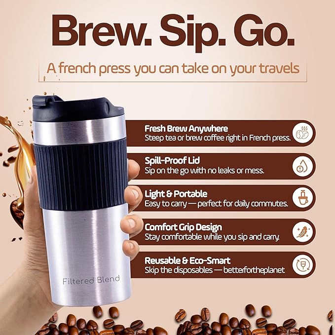 15oz Double Wall Stainless Steel Insulated French Press Coffee and Tea Maker - Portable Camping Mug and Tumbler - Heat Retaining, Leak-Proof, Travel-Friendly for Office and Outdoor Adventures (Silver)