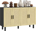 HOMCOM Boho Sideboard Buffet Cabinet, Coffee Bar Cabinet with 4 Rattan Doors and Adjustable Shelves for Kitchen, Living Room, Black and Natural