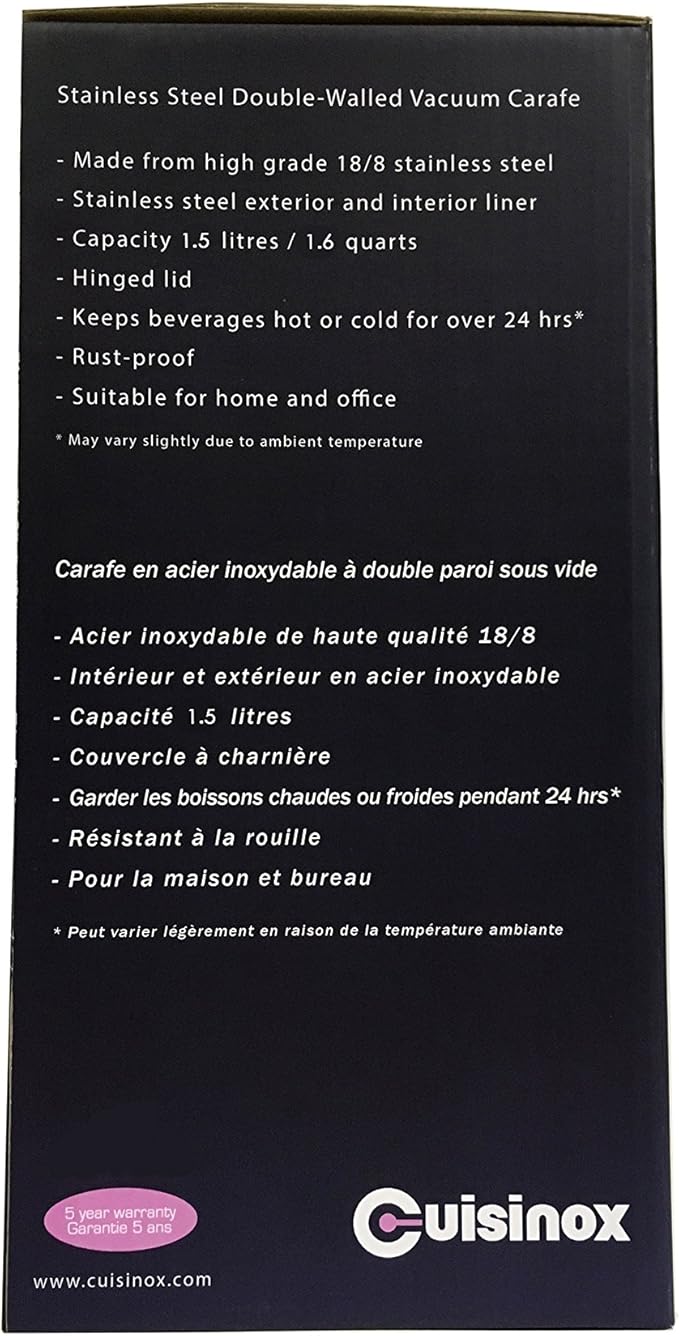 Cuisinox Stainless Steel Thermal Coffee Carafe, Vacuum Insulated for Hot or Cold Beverages, 9.75" High