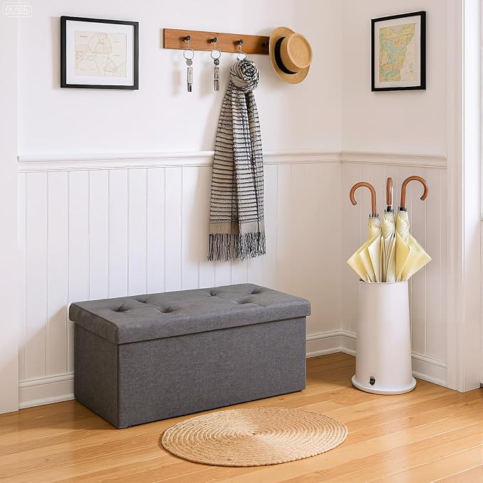DUMOS 30in Foldable Storage Ottoman Bench, Storage Chest, End of Bed Foot Rest Stool with Padded Seat, Bedroom Bench for Living Room, Bedroom, Support 660lbs, Grey