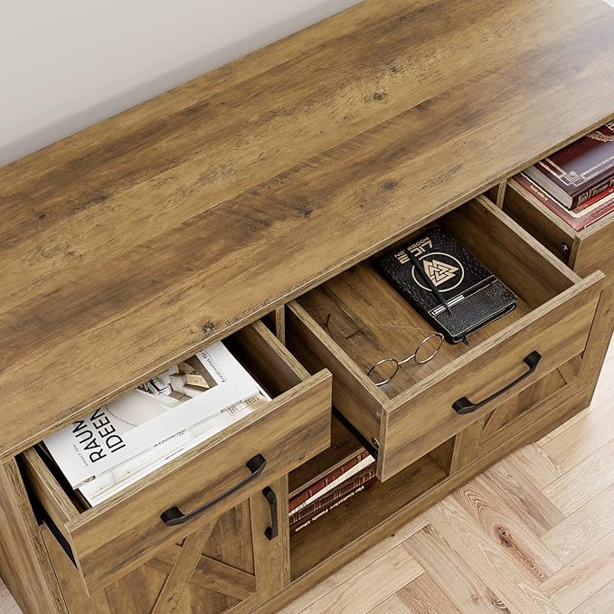 HOSTACK Wood Modern Farmhouse Buffet Storage Cabinet Barn Doors Sideboard with Storage, Drawers and Shelves for Coffee Bar, Kitchen, Dining Room, Living Room, Rustic Brown