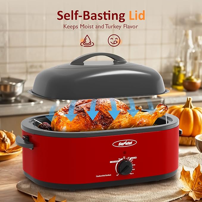 Sunvivi 18-Quart Roaster Oven with Self-Basting Lid, Electric Turkey Roaster Oven with Removable Pan and Rack, Stainless Steel, Red