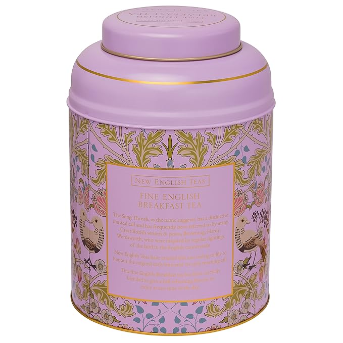 New English Teas Song Thrush & Berries Tea Caddy in Pink with 240 English Breakfast Teabags