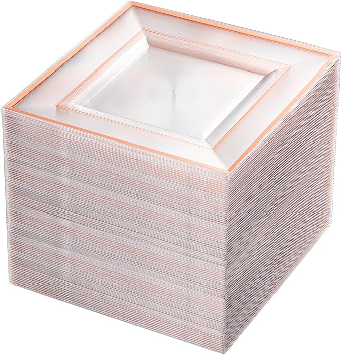 bUCLA 100 Pieces Clear Rose Gold Square Plastic Plates - 6 Inch Clear Plastic Dessert/Cake Plates with Rose Gold Trim Disposable - Ideal for Party, Wedding, Mother's Day & Valentine's Day