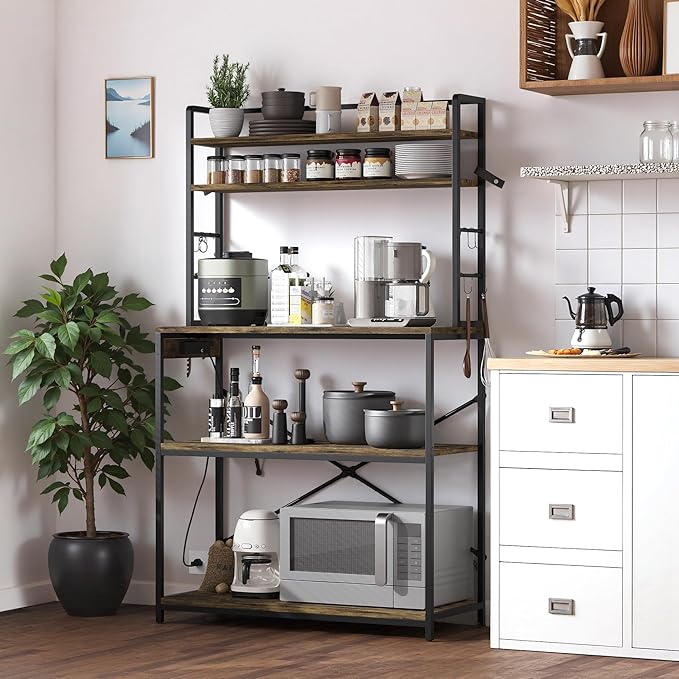 JUMMICO Backers Rack with Power Outlet, 39.4" W Kitchen Microwave Stand with 8 S-Shaped Hooks, 5 Tiers Coffee Bar Station Storage Shelf for Spices, Pots, Rustic Brown