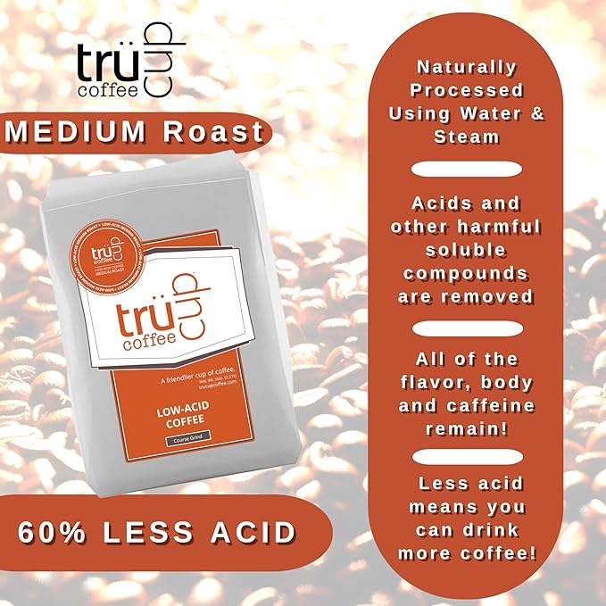 trücup Low Acid Coffee, Ground Coffee Medium Roast - Drip Grind 12 Oz, Natural Water&Steam Process 60% Less Acid, Smooth Flavor, Stomach-Friendly Rich in Antioxidants