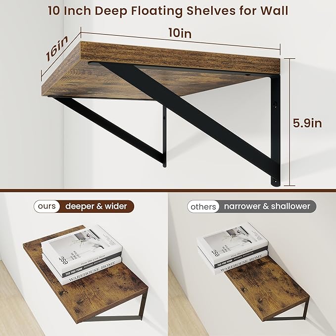 Axeman Deep Floating Shelves for Wall - 10 Inch Deep Floating Shelves Set of 2-16" W x 10" D Rustic Wall Shelves for Living Room Bathroom Bedroom