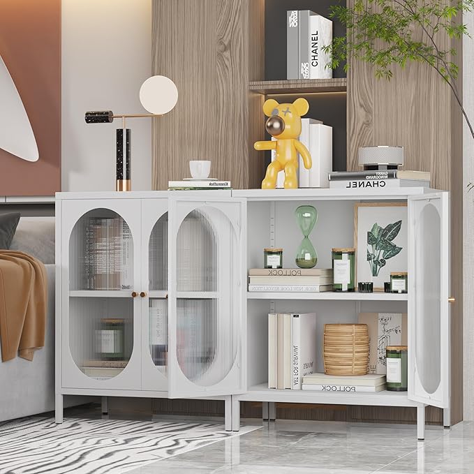 Small 2 Transparent Door Metal Storage Side Buffet Cabinet for Bed Room,Living Room,Entryway,Hallway,Home,Hotel,Office,Garage,Kitchen,1 Removable Shelf. (Transparent Door, White)