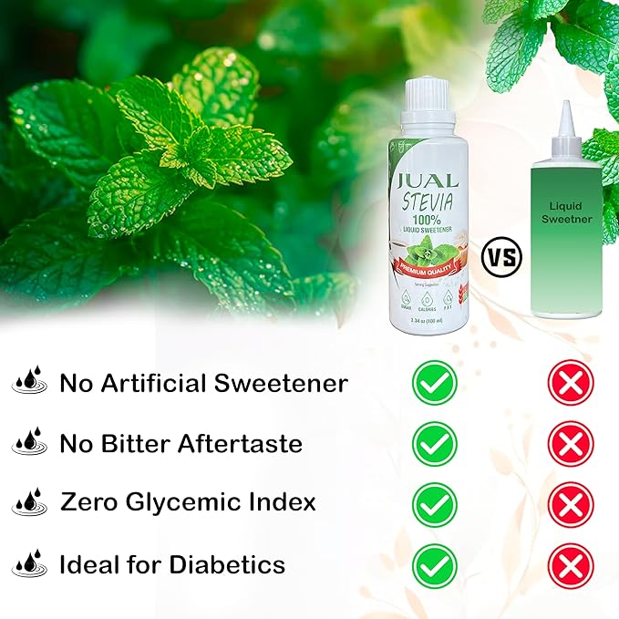 JUAL Natural Liquid Stevia Sweetener – 3.34 Fl Oz – Zero Calorie, Zero Sugar, Zero Carb – Stevia Drops for Coffee, Tea & Baking