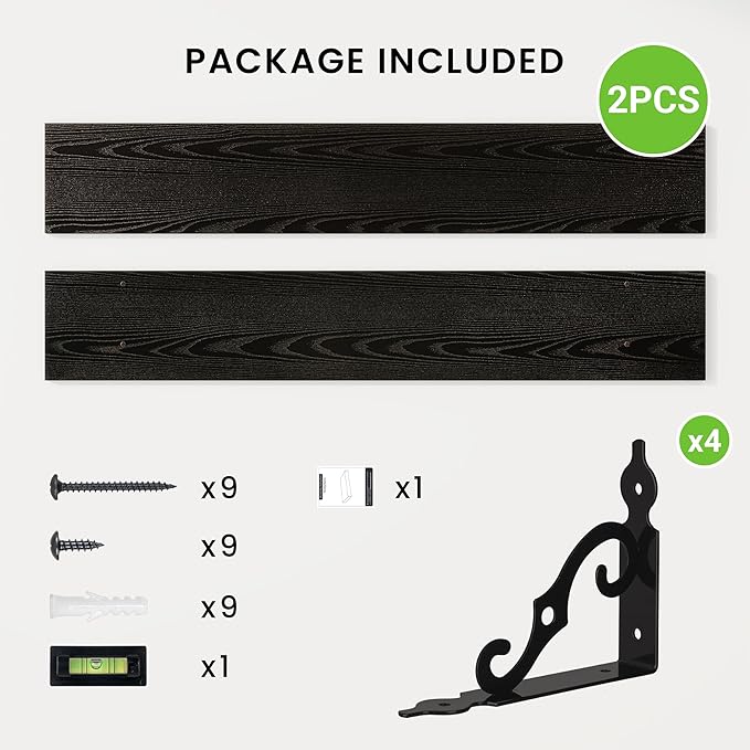 RICHFOCUS Floating Shelves for Wall Decor, 47.3W x 8D Shelves Set of 2, 8 Inch Deep Rustic Wood Shelves Wall Mounted with Brackets, Long Floating Shelves for Living Room Bedroom Kitchen, Black