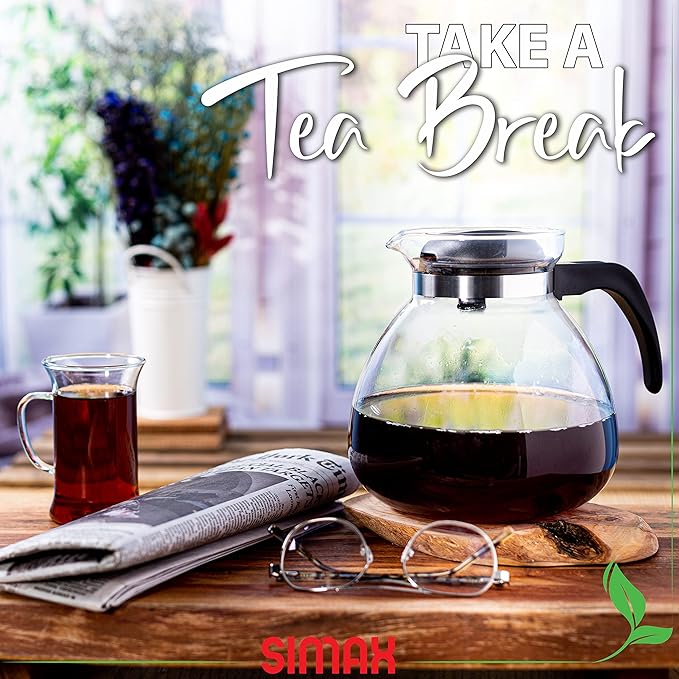 Simax Glassware 2.5 Quart Glass Teapot | Short Spout, Stay Cool Plastic Handle and Lid, Stovetop and Dishwasher Safe, Heat, Cold, and Thermal Shock Resistant Borosilicate Glass