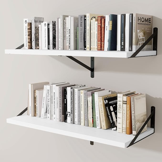 Deep Wall Shelves 36"W x 12"D Engineered Wood Floating Shelves for Wall, Sturdy Metal Bracket Bookshelves Home Decor Storage for Living Room Bedroom Bathroom Kitchen, Set of 2, White Finish