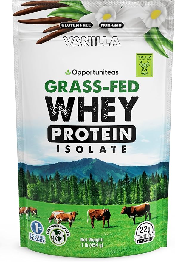 Opportuniteas Grass Fed Vanilla Whey Protein Isolate Powder - 22g Protein Powder Without Artificial Sweeteners, Hormone-Free Cows, Non GMO - 1lb