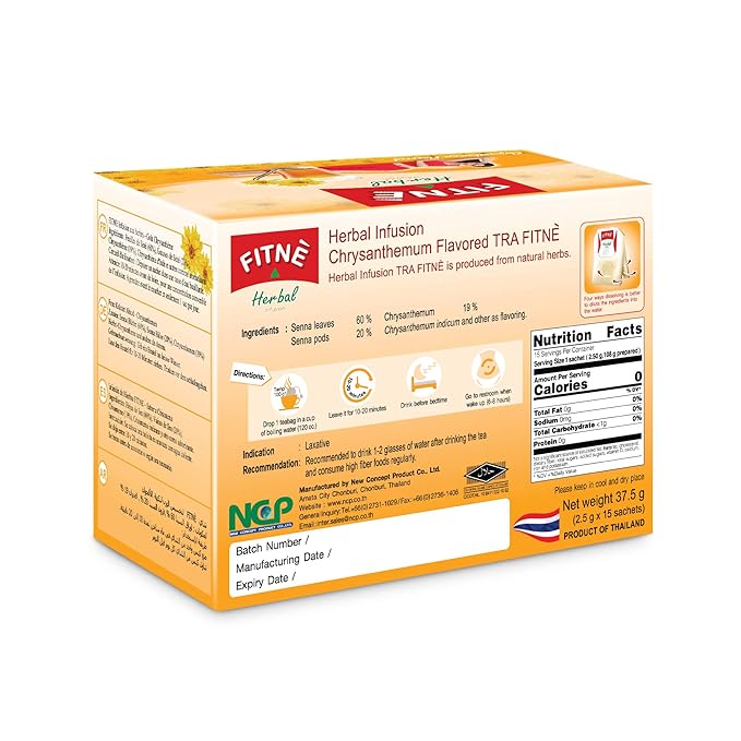 FITNÈ Chrysanthemum Herbal Tea Senna Infusion Smooth Mild Soothing Beverage Natural Gentle Detox Cleanse No Calories Caffeine Free, 15 Tea Bags