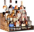 4 Step Countertop Liquor Bottle Display Shelf, Wood Bar Shelves 16 Bottles with Fences, Freestanding Storage Shelves for Liquor Whiskey Wine Coffee Syrup Display, Retro Wine Rack Home