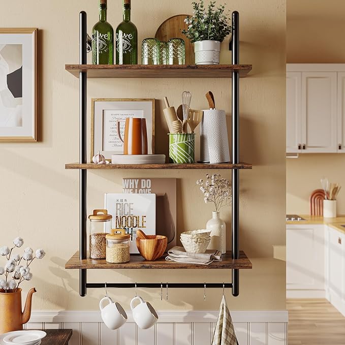 Bestier 3 Tier Industrial Pipe Shelving, Floating Kitchen Shelves for Wall, Storage Coffee Bar Hanging Shelves with Towel Bar for Kitchen Living Room Bathroom Organizer Bedroom, 24 Inch Rustic Brown