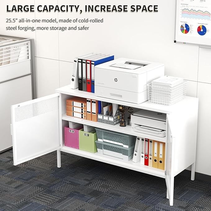 White Metal Storage Cabinet with 2 Doors - 25''H TV Stand, 2 Tier Locker with Adjustable Shelves, Multipurpose TV Cabinet for Office, Home, Living Room, Kitchen