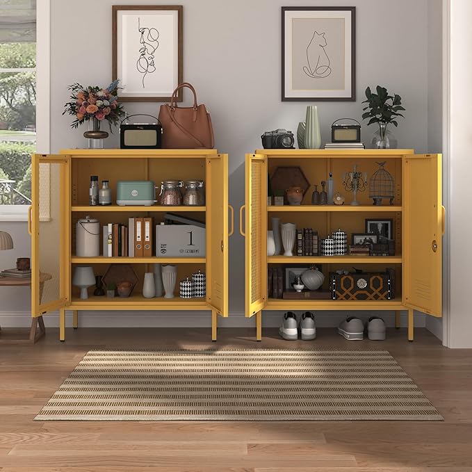 Steel Storage Cabinet Modern Metal Locker with Adjustable Shelf Lockable Storage Cabinet Metal Double Door Locker Home & Office Furniture Easy Assembly Yellow Size：33" H X 29.5" W X 13.8" D