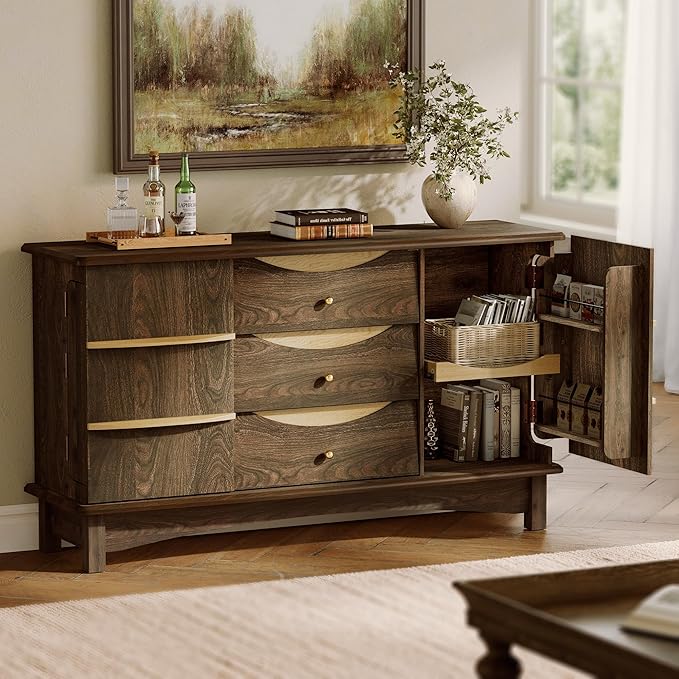 STO'SENSE Buffet Cabinet with Stroage, Large Sideboard Buffet Cabinet w/ 3 Drawers, Solid Wood Handle, Modern Coffee Bar Station w/ 2 Doors, Concealed Storage Shelves & Sliding Tray (Walnut)