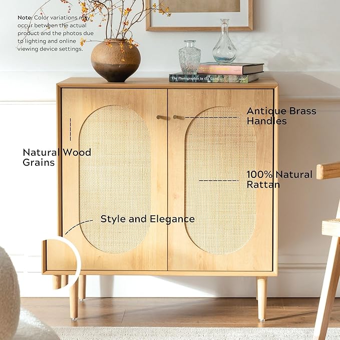 Rattan Storage Cabinets with Shelves, Narrow Cabinet with Storage, Sideboard Cabinet with Doors, Rattan Cabinets for Kitchen Dining Room Living Room, Natural Oak