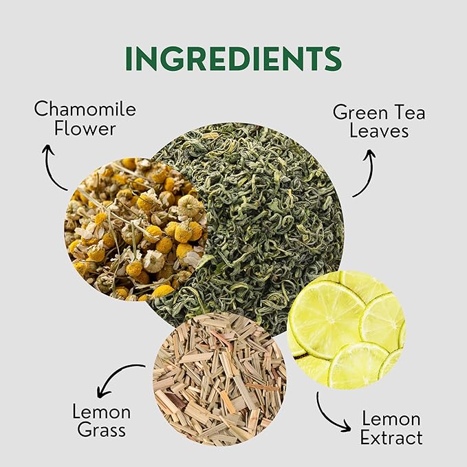 Tea Leaf & Co. Chamomile Green Tea Bags (50 Count), Lemon Extract & Lemongrass Green Tea, Caffeinated, Real & Natural, Blended with Fresh Herbs & Spices, Gluten Free