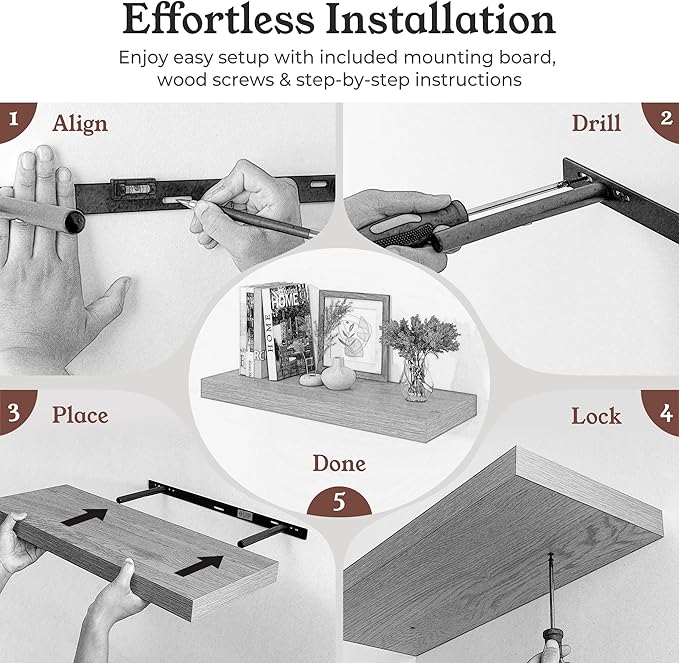 Floating Shelves for Wall, 9.3" Deep Wall Mounted Wood Shelves for Bathroom, Bedroom, Living Room, Kitchen, Hanging Shelf for Books/Storage/Room Decor (White, 24")