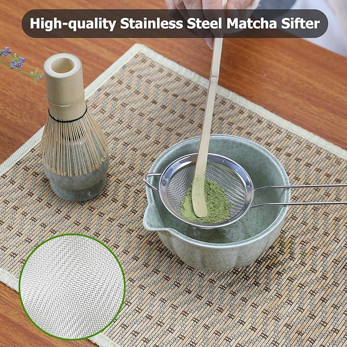 Matcha Whisk Set, 5 Pcs Matcha Set includes Matcha Whisk and Bowl with Spout, Stainless Sifter, Bamboo spoon, Ceramic Holder, 17 oz Mottled Green Glaze Ceramic Matcha Kit for Tea Lovers