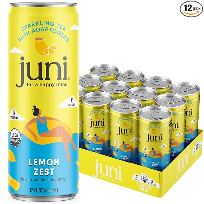 Juni Sparkling Adaptogen Drink with Ashwagandha, Lion’s Mane & Reishi Mushrooms, Green Tea for Focus, Zero Sugar, 5 Calories, Organic, Non Alcoholic Drinks - Lemon 12 pack