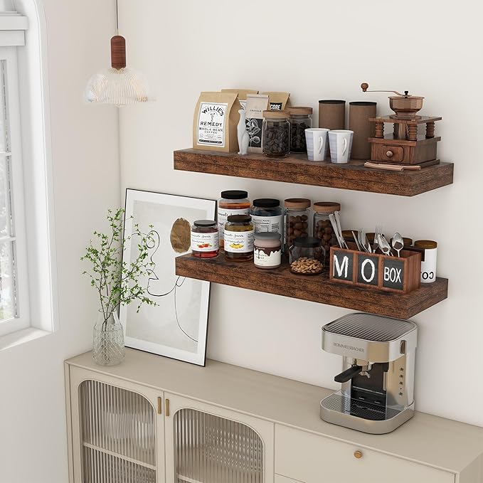 Deep Floating Shelves | 36 Inch Brown Floating Shelves Set of 2 | 12 Inch Deep Rustic Wood Shelves for Wall | 36" W x 12" D Brown Shelves for Living Room Bathroom Laundry Room Kitchen
