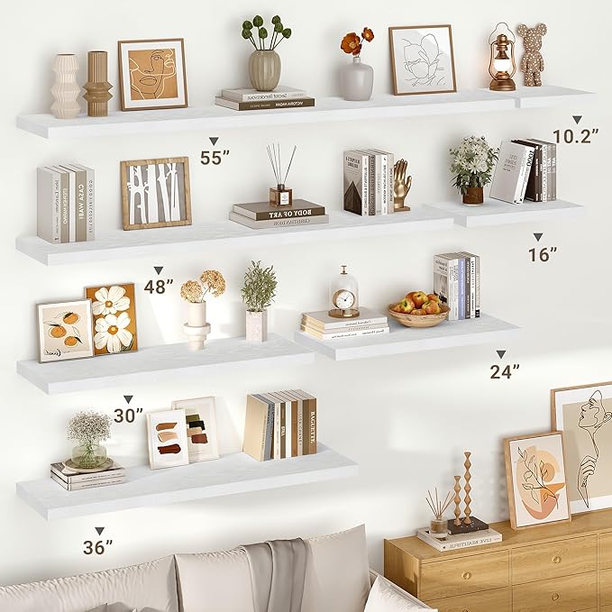 Vivelove 10 in Deep Floating Shelves for Wall, 48" x 10.2" x 1.5" Shelves for Room Wall Mounted, 1.5 Inch Thick Shelf for Bathroom Bedroom Kitchen Book Room, Modern Farmhouse Decor, Set of 2, White