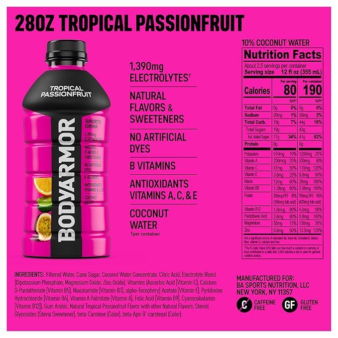BODYARMOR Sports Drink, Tropical Passionfruit, Electrolyte Drink Hydration, 28 Fl Oz Bottles (15 Pack), Flavored Coconut Water with B Vitamins & Antioxidants