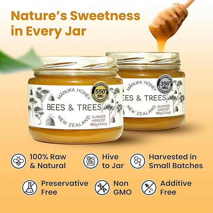Bees & Trees New Zealand Manuka Honey 550+ and 350+ MGO – Pure, Raw, Unpasteurized Monofloral Superfood Honey for Wellness & Vitality – Bioactive, Nutrient-Rich Manuka Honey – 380g (2 pack)