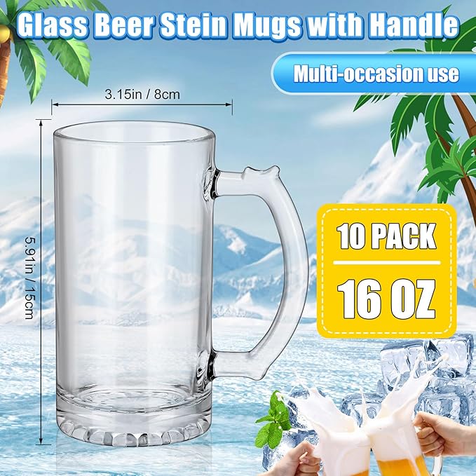 10 Pcs Beer Mugs with Handles 16 Ounce Clear Glass Beer Mugs Steins German Large Heavy Cups for Tea, Coffee, Root Floats, Dishwasher and Refrigerator Safe, Durable