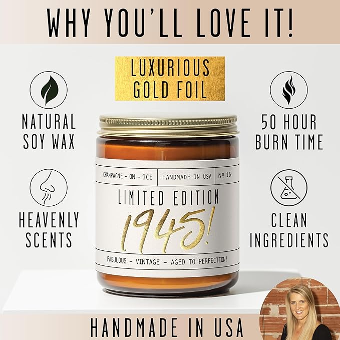 80th Birthday Gifts for Women - 'Limited Edition 1945' Soy, w/Champagne on Ice I 1945 Birthday Gifts for Women I 80 Birthday Gifts for Women I 16oz Reusable Jar, 50Hr Burn, Made in USA