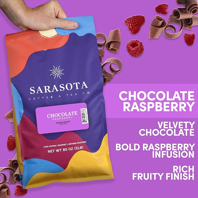 Sarasota Coffee Whole Bean Chocolate Raspberry | Medium Roast Gourmet Flavored Coffee Beans | Low Acid, Mold Free, Specialty Grade Bulk Coffee Beans | 5lb (80 oz)
