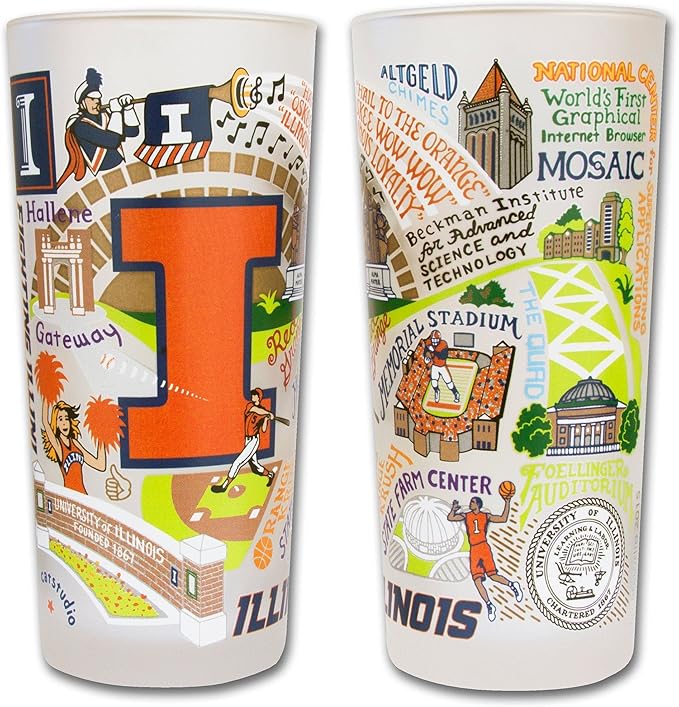 Catstudio Drinking Glass, University of Illinois Glass Cup for Kitchen, 15oz Dishwasher Safe Tumbler for UIUC & UIC Alumni