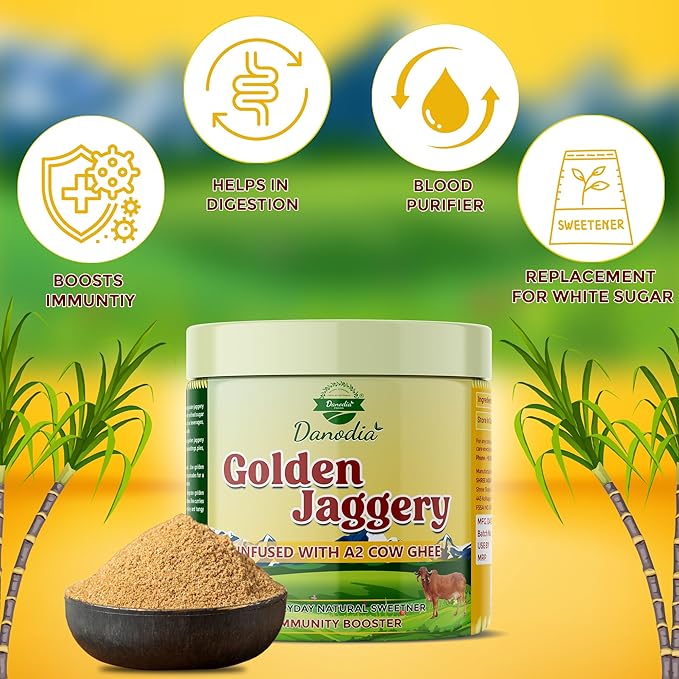Danodia Foods Golden Jaggery with A2 Cow Ghee, 14.1 oz (400 g) | Cane Juice Jaggery Infused with Pure A2 Ghee | Rich Caramel-Butter Taste for Coffee, Tea, Baking, Desserts