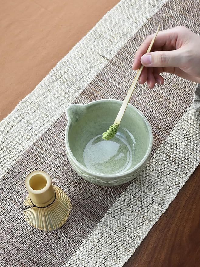 Artcome Matcha Tea Set with Pouring Spout - Green Ceramic Matcha Bowl, Bamboo Whisk, Whisk Holder, Tea Scoop & Matcha Tea Manual for Traditional Japanese Tea Ceremony - Ideal for Gift - Light Green
