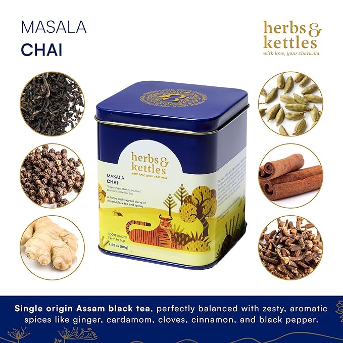 Herbs & Kettles Masala Chai | Authentic Indian Chai Tea with Assam Black Tea, Ginger, Cardamom, Cinnamon, Cloves & Black Pepper | Loose Leaf | Makes 16-20 Servings | Premium Gourmet Tea Gift