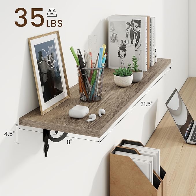 RICHFOCUS Floating Shelves for Wall Decor, 31.5W x 8D Shelves Set of 2, 8" Deep Rustic Wood Floating Shelves Wall Mounted with Metal Brackets, Shelves for Living Room Bedroom Kitchen, Grey