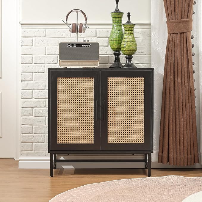 Storage Cabinet with PE Rattan Door, Sideboard Buffet Kitchen Cabinet, Modern Stylish Accent Furniture for Dining Room, Bedroom, Hallway, Living Room, Coffee Bar, Corner, Black