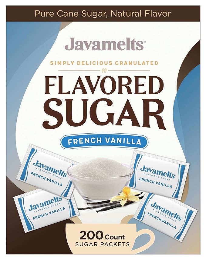 Javamelts French Vanilla Flavored Sugar Packets | Pure Cane Sugar for Baking, Coffee Syrup Substitute, Cocktails, Tea | Non GMO, Non Dairy, Gluten Free, Kosher | 200 Bulk Sugar Packets